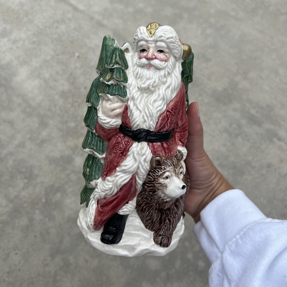 1990 Fitz & Floyd Russian Santa & Bear Vase Evergreen Tree OCI Omnibus 8"